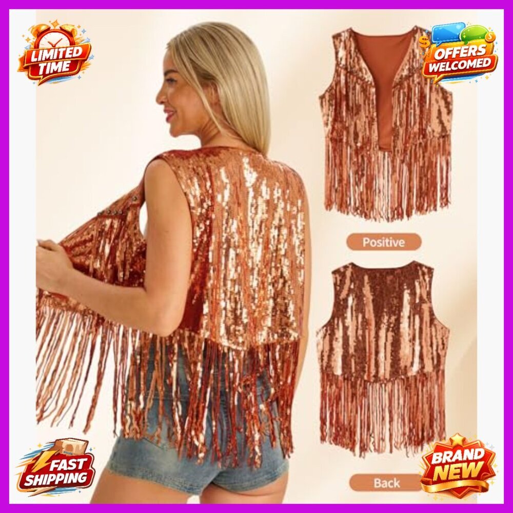 Small Sequin Fringe Vest Sleeveless Western Costume Jacket Party Wear - Picture 3 of 6